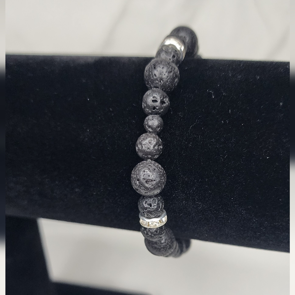 Black natural Lava Rock beaded stretch bracelet Rhinestones Design by FreeSpirit